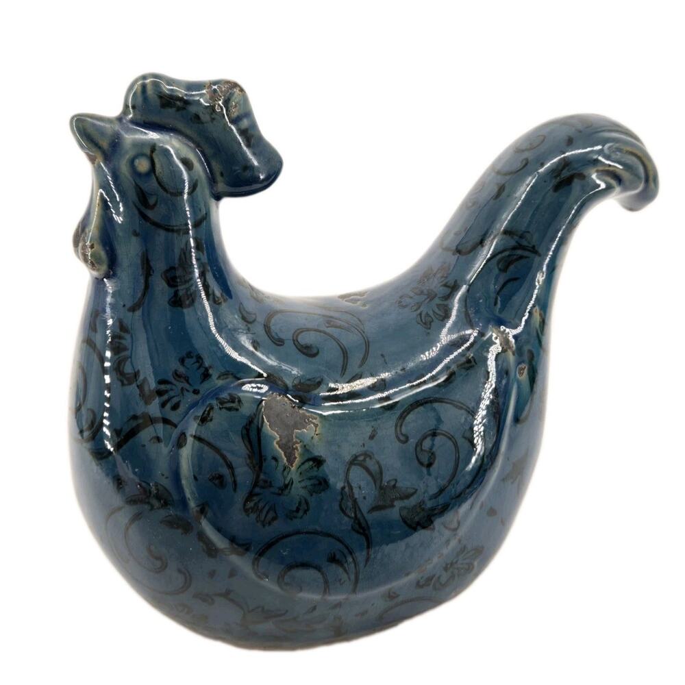 Country Cottagecore Ceramic Blue Rustic Chicken Figure 8.5"x 9"x 5"